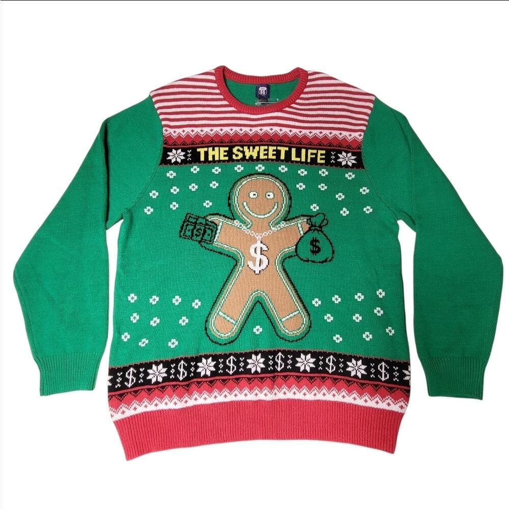 NWT Vtg Route 66 "The Sweet Life" Ugly Xmas Sweater Gingerbread Cash Money XL